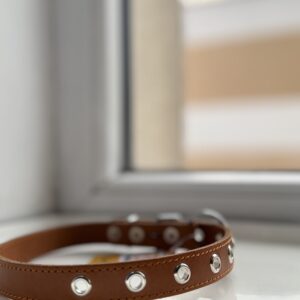 Natūralios odos šviesiai rudas antkaklis su žiedu 23-46cm